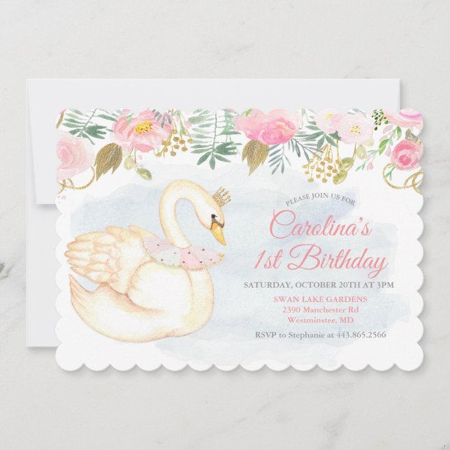 Convite de Primeiro Aniversário Swan Floral First (Frente)