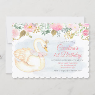 Convite de Primeiro Aniversário Swan Floral First