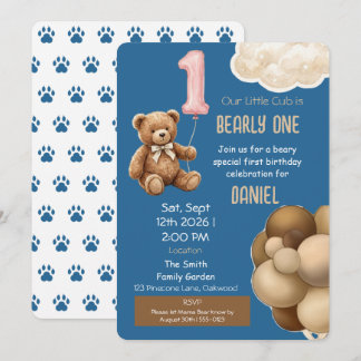 Convite de Primeiro Aniversário Urso de Pelúcia Be