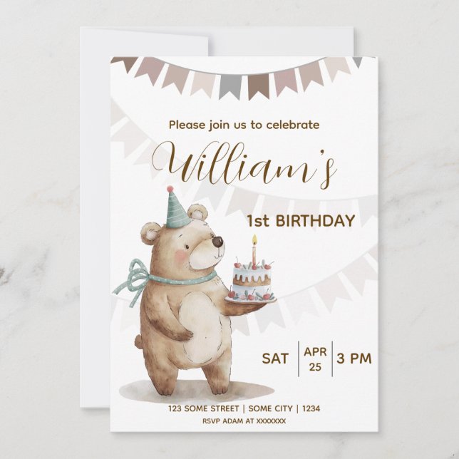 Convite de Primeiro Aniversário Urso de Pelúcia Ed (Frente)