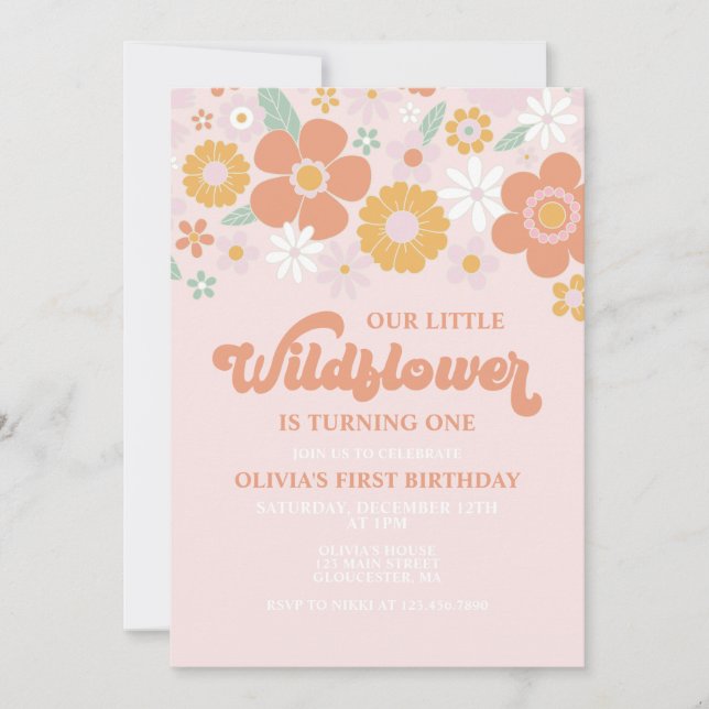 Convite de primeiro aniversário Wildflower Retro F (Frente)