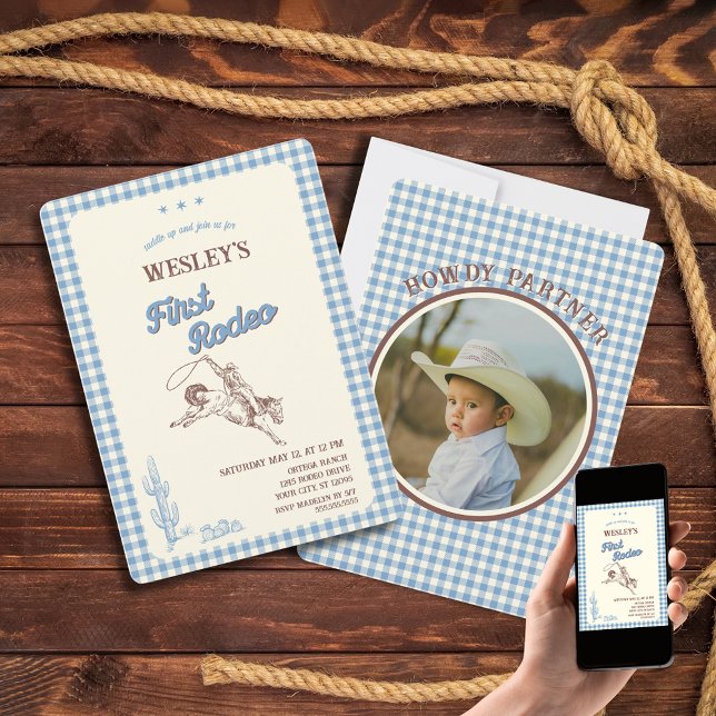 Convite de Primeiro Aniversário Xadrez Azul First  (First Rodeo Blue Plaid First Birthday Invitation
)