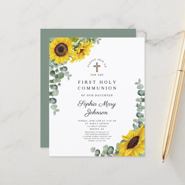 Convite de Primeiro Comunhão com Girassol Eucalipt (Frente/Verso In Situ)