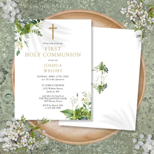 Convite de Primeiro Comunhão com Monograma de Folh (Greenery Monogram First Holy Communion Invitation Postcard)