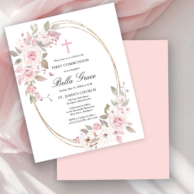 Convite de Primeiro Comunhão Floral Rosa Orçamento (Criador carregado)