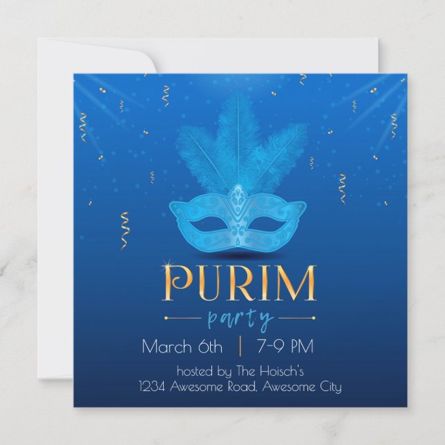 Convite de Purim Máscara Azul Elegante (Frente)