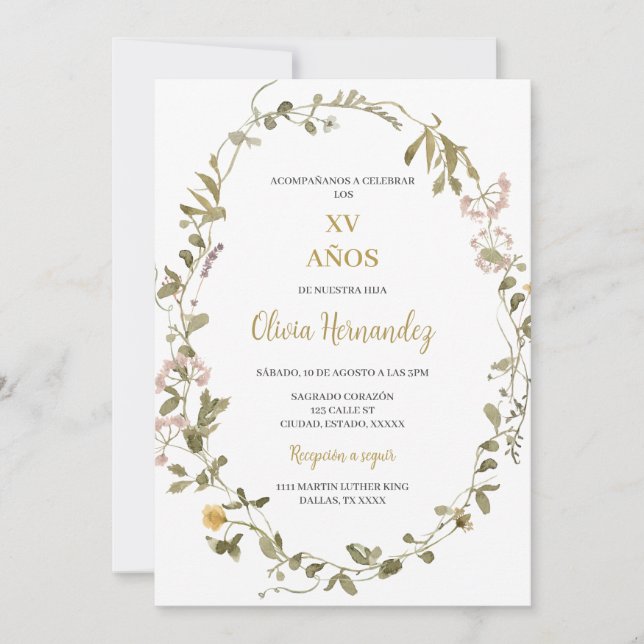 Convite de quadro de Quinceañera greenery (Frente)