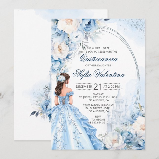 Convite de Quince Anos Azul Bebê Elegante (Frente/Verso)
