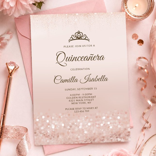 Convite de Quince Anos com Brilho em Rose Gold (Rose Gold Glitter Quinceañera Invitation Card)