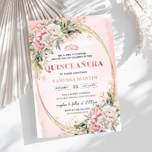 Convite de Quince Anos com Flores de Ouro Rosado e