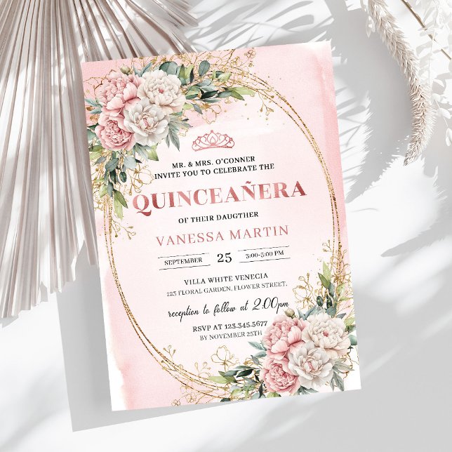 Convite de Quince Anos com Flores de Ouro Rosado e (Rose Gold Flowers Greenery Quince Invitation)