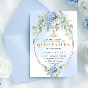 Convite de Quince Anos de Hidrangeas Azuis Eucalip