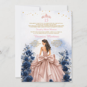 Convite de Quince Anos em Rosa Dourado com Azul Na