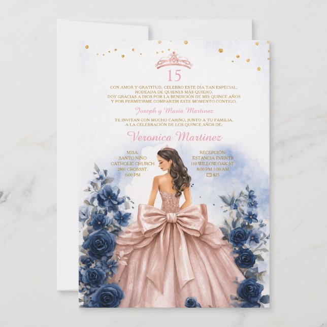 Convite de Quince Anos em Rosa Dourado com Azul Na (Frente)