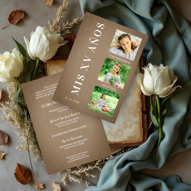Convite de Quince Anos em Tecido Marrom Rústico co (Rustic Brown Quinceañera Invitation with Fabric Texture & 3 Custom Photos Invitations Cards. )