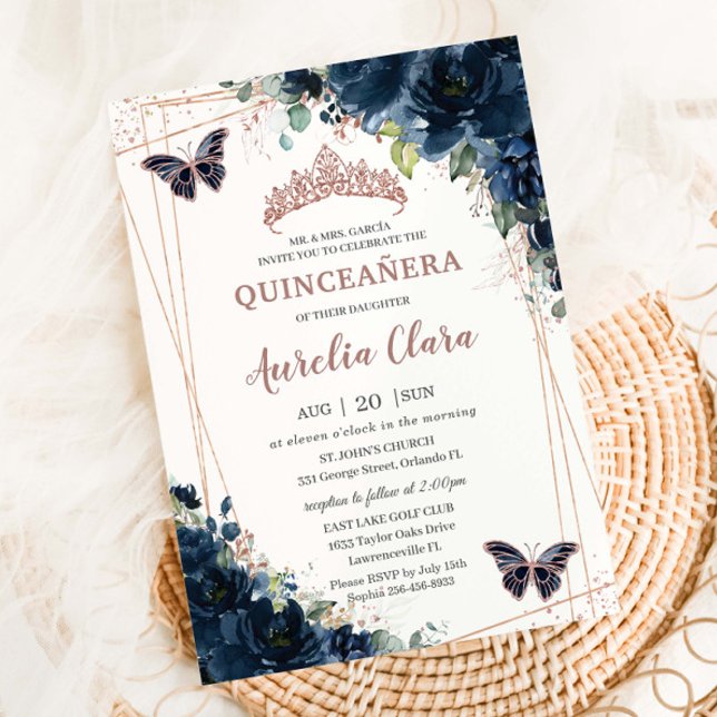 Convite de Quince Anos Floral Azul Marinho com Dou (Criador carregado)