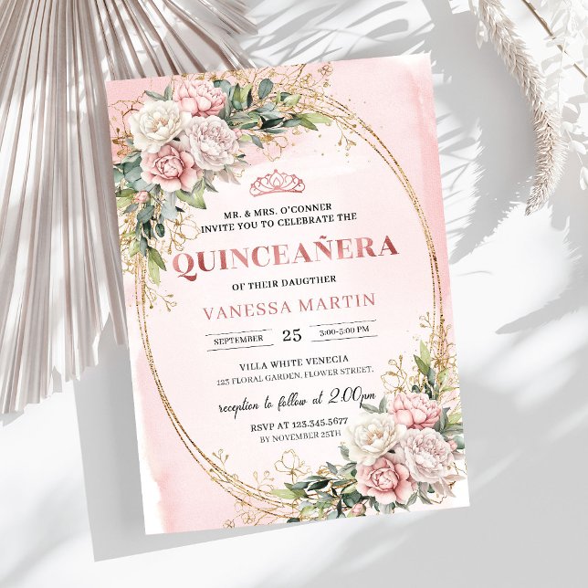 Convite de Quince Anos Floral Verde Rosa Corado (Blush Pink Floral Greenery Quince Invitation)