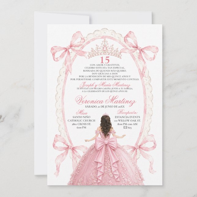 Convite de Quince Anos Princesa Laço Rosa em Espan (Frente)