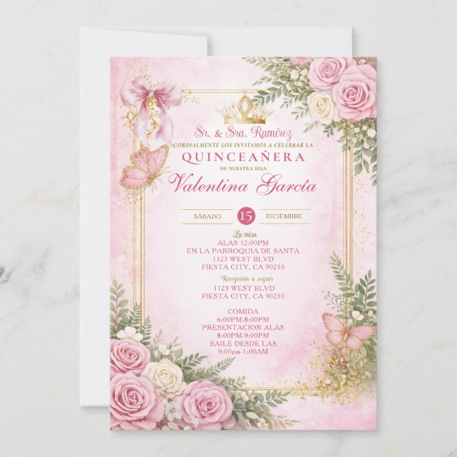 Convite de Quince Anos Rosa Blush em Espanhol (Frente)