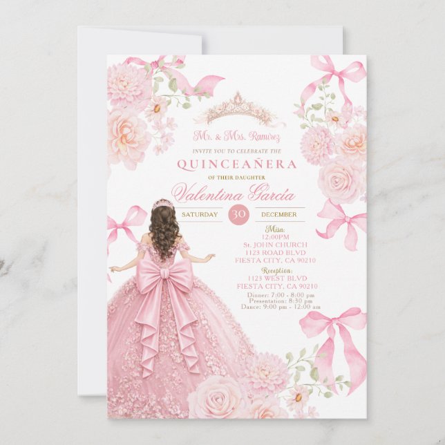 Convite de Quince Anos Rosa com Vestido de Laço (Frente)