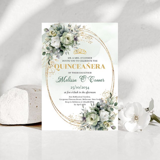 Convite de Quinceañera Aguarela Dourado Verde (Green Gold Watercolor Quinceañera Invitation)