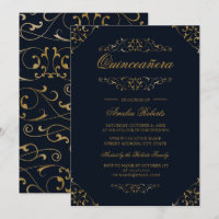 Convite de Quinceanera Antigo Navy Dourado Florido