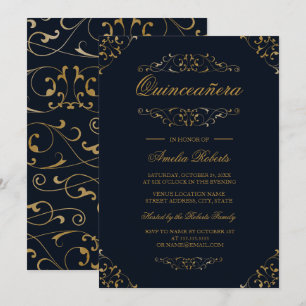 Convite de Quinceanera Antigo Navy Dourado Florido