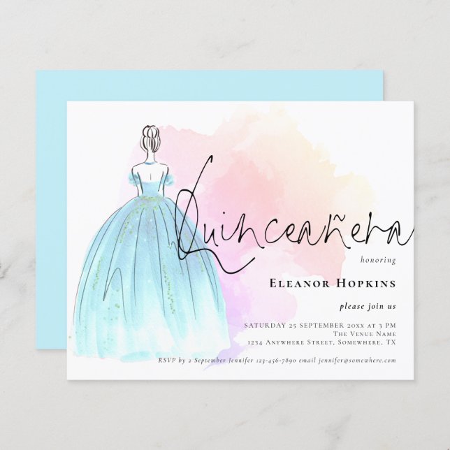 Convite De Quinceanera Azul De Vestido De Orçament (Frente/Verso)