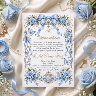 Convite de quinceañera azul e dourado, laço doce 1