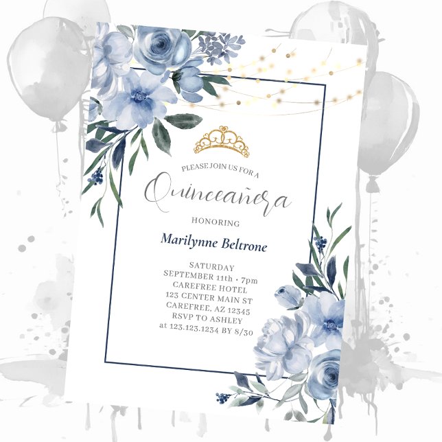 Convite de Quinceañera Azul Empoeirado (Criador carregado)