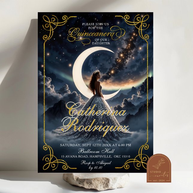 Convite de Quinceañera Azul Empoeirado Noite Estre (Criador carregado)