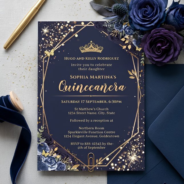 Convite de Quinceanera Azul Marinho e Dourado (Criador carregado)