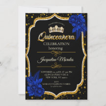 Convite de Quinceañera Azul Real Dourado