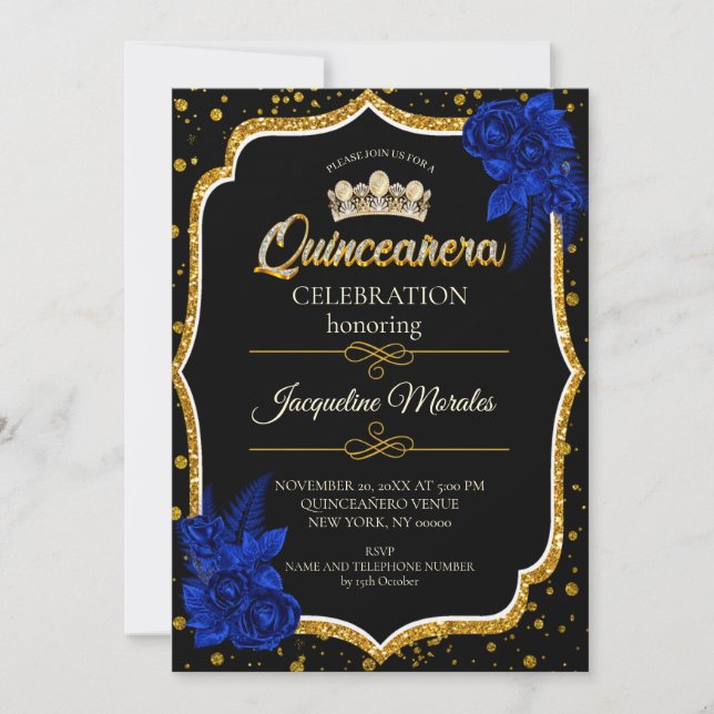 Convite de Quinceañera Azul Real Dourado (Frente)