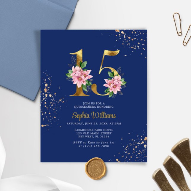 Convite de Quinceañera Azul Real e Rosa com Orçame (Criador carregado)