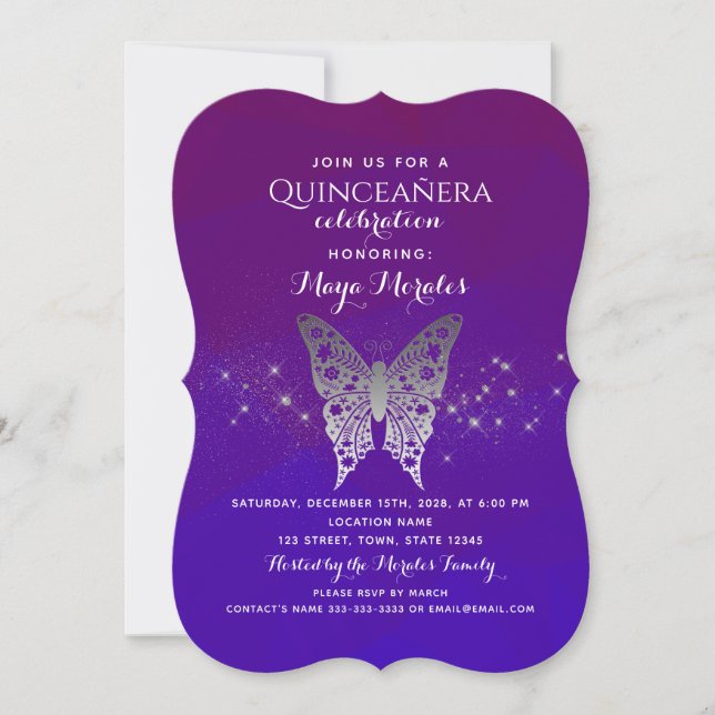 Convite de Quinceanera Azul Real Roxo (Frente)
