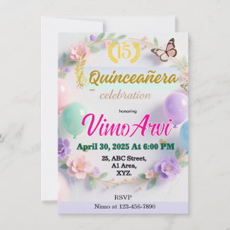 Convite de Quinceañera Balões e Borboletas Pastel 