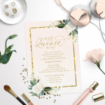 Convite de Quinceanera Bilíngue com Folha Dourada 