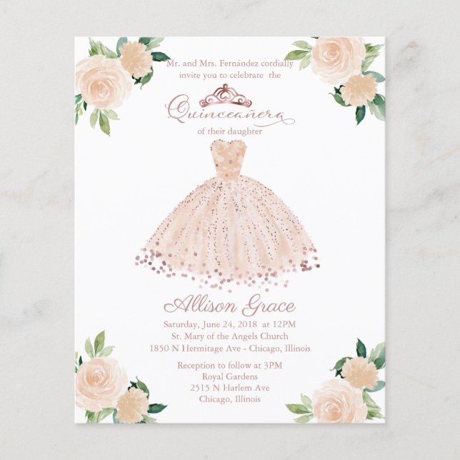 Convite de Quinceanera Bilingue de Orçamento Rosa  (Frente)