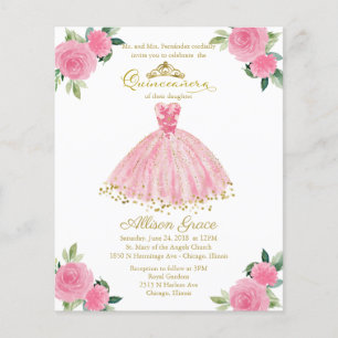 Convite de Quinceanera Bilíngue de Orçamento Rosa