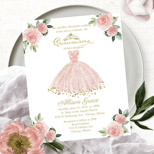 Convite de Quinceanera Bilíngue de Orçamento Rosa  (Criador carregado)