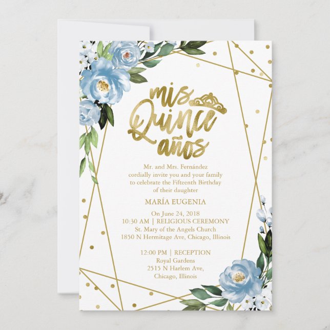 Convite de Quinceanera Bilíngue Folha Dourada Azul (Frente)