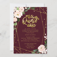 Convite de Quinceanera Bilíngue Rosa Bege Bordô
