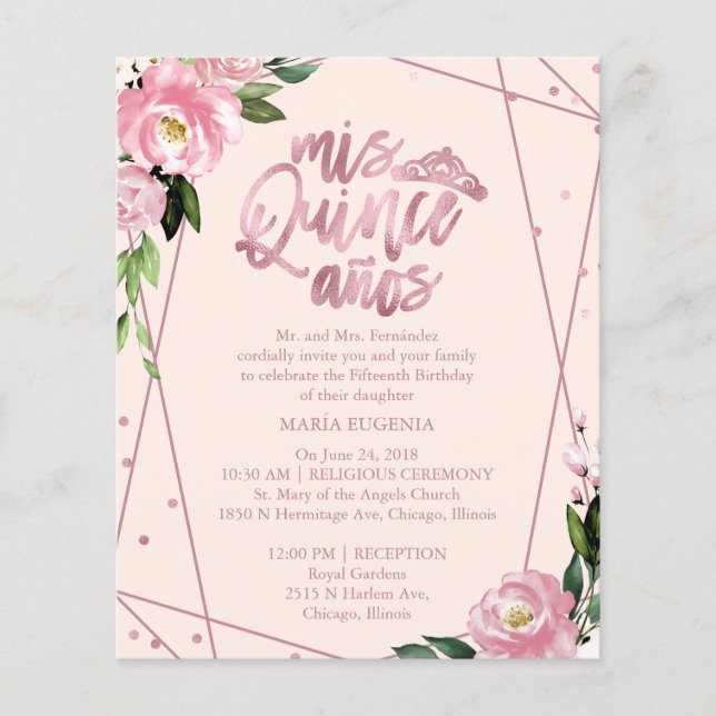Convite de Quinceanera Bilingue Rosa Bege Econômic (Frente)