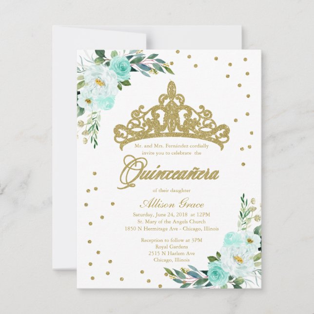 Convite de Quinceanera Bilingue Tiara Azul Teal (Frente)