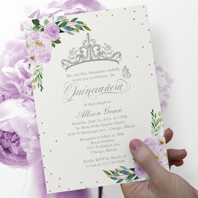 Convite de Quinceanera Bilíngue Tiara Lilás (Criador carregado)