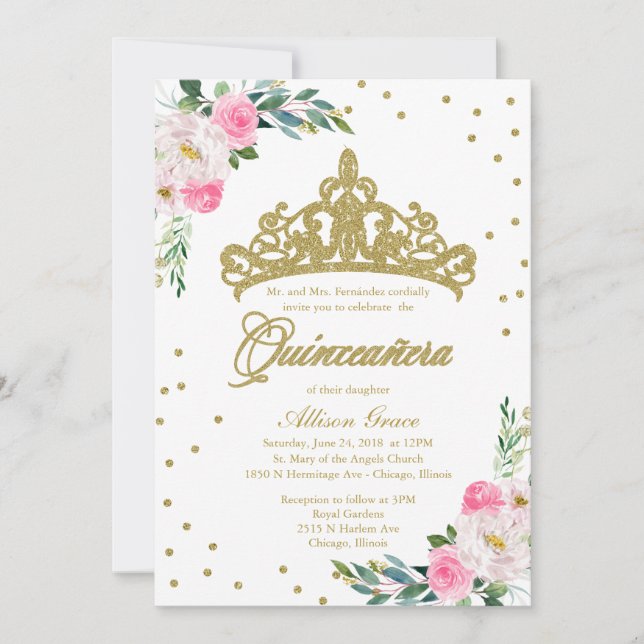 Convite de Quinceanera Bilíngue Tiara Rosa Vibrant (Frente)