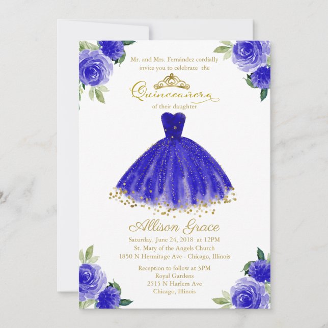 Convite de Quinceanera Bilingue Vestido Azul Real (Frente)