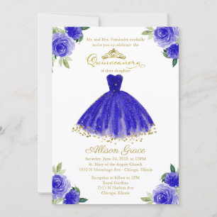 Convite de Quinceanera Bilingue Vestido Azul Real