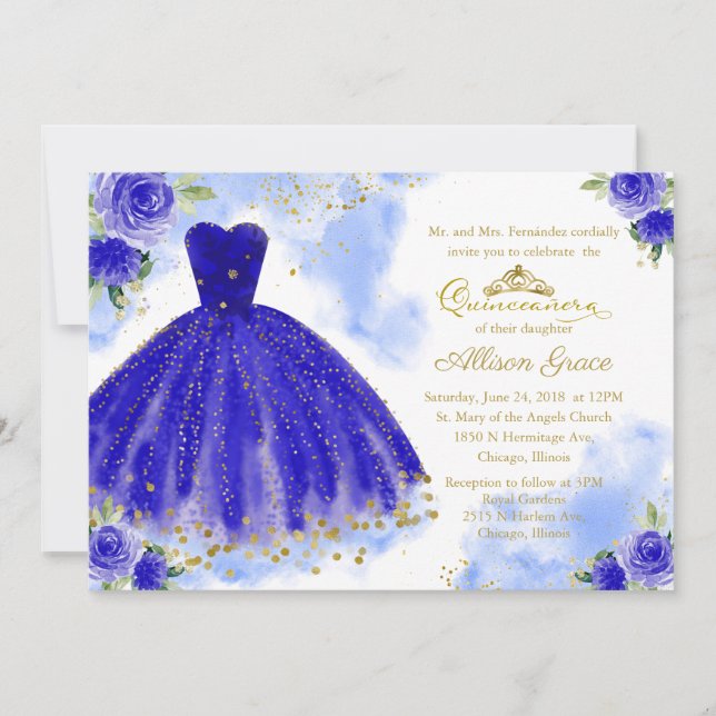 Convite de Quinceanera Bilingue Vestido Azul Real (Frente)